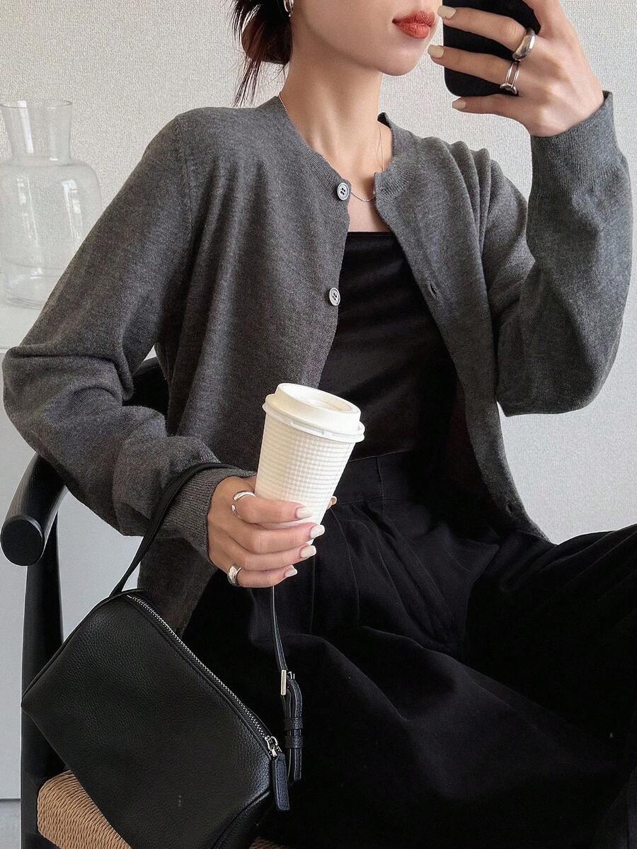 FRIFUL Áo khoác cardigan dệt kim dáng rộng màu xám đậm đơn giản dành cho nữ, đa năng cho mùa thu - Màu xám đen - Xem 1