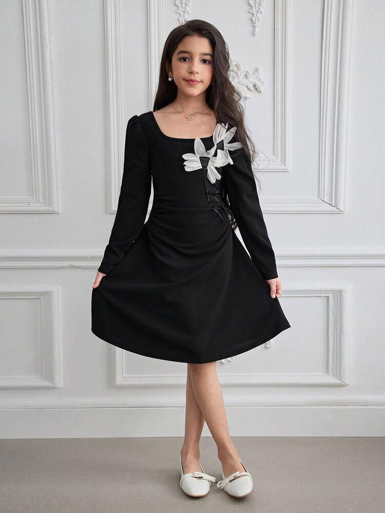 Tween Girls' Solid Color 3D Floral Knit Casual Elegant Square Neck Gigot Sleeve Dress Fall Winter