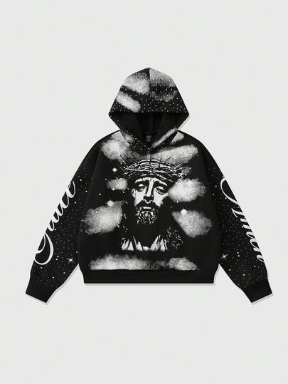 Street Life Men's Jesus Printed Hoodie, Loose Cropped Style, Fall Winter