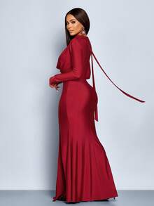 SOLERSUN Women's Elegant Modern Front Deep Cowl Neck Long Sleeve Cropped Tight High Slit Mermaid Maxi Dress Fall Cloth For Women - Red - View 2