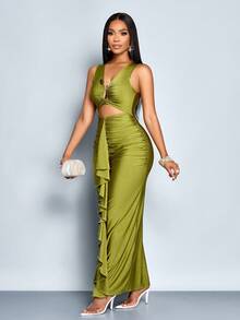 SOLERSUN Vestido ajustado de mujer con cuello en V de unicolor, decorado con metal, cintura fruncida con volantes y abertura - Verde - Ver 4