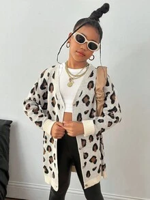 SHEIN 秋季青少年女孩休闲豹纹开衫 - 杏色 - 查看 4