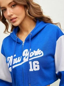 Menodora SHEIN Sport 女式撞色落肩连帽抽绳休闲短款运动夹克 - 藍色 - 查看 3