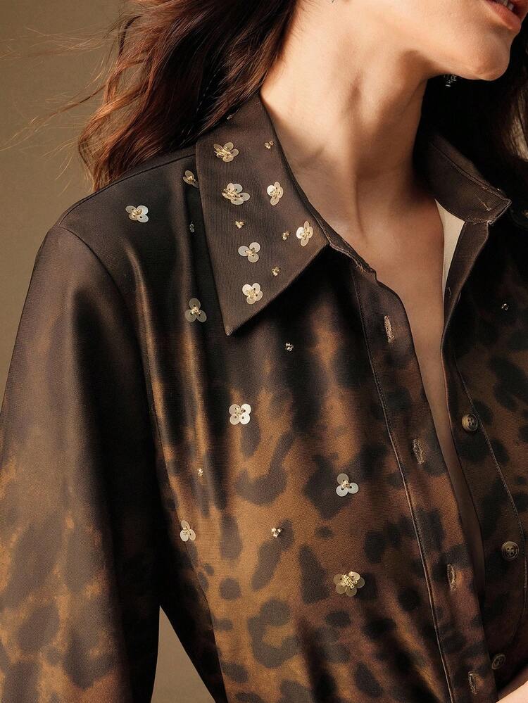 Ombre Leopard Print Sequin Floral Decor Long Sleeve Mandarin Collar Blouse + High Waist Ombre Leopard Print Bodycon Fishtail Skirt 2pcs Set For Women