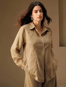 Anewsta 女式刺绣长袖衬衫 - 卡其色 - 查看 7
