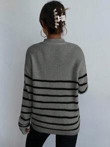 EMERY ROSE Women's Casual Loose Fit Dropped Shoulder Striped Pullover Sweater - Dark Grey - View 2