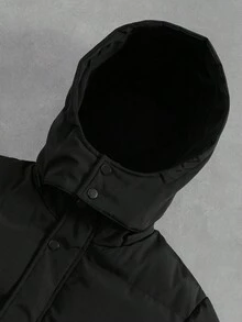 Manfinity Roghcode Men's Black Solid Color Hooded Winter Puffer Jacket,Basic Casual Date Long Sleeve Utility Pocket Thermal Lined Puffy Coat - Black - View 7