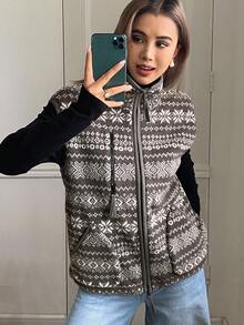 DAZY Floral Print Vintage Fleece Sleeveless High Collar Zip-Up Drawstring Pocket Casual Street Jacket For Women, Autumn/Winter Vest - Grey - View 4