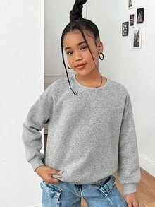 SHEIN Felpa girocollo grigia oversize a maniche lunghe per ragazze pre-adolescenti, versatile per uso quotidiano, adatta per l'autunno