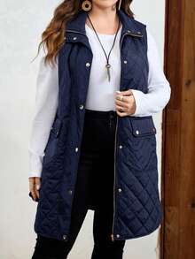 EMERY ROSE Plus Size Geometric Quilted Stand Collar Zip-Up Four-Button Patch Pocket Padded Coat Long Jacket For Women Autumn Winter Clothes For Women - Navy Blue - View 10