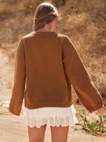 WESTFADE 牛仔女牛仔西部靴圆领长袖宽松针织毛衣休闲可爱秋季西部风波西米亚风 - 棕色 - 查看 5