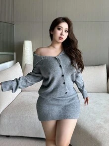 Flirla 大码女式纯色翻领纽扣前针织毛衣裙，适合秋冬季、返校/通勤穿着 - 灰色 - 查看 7