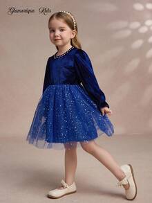 Glamorique Kids Robe pour jeunes filles, robe de mariage, robe en velours, vêtements de Noël, robe d'anniversaire, robes d'hiver - bleu indigo - Voir 1