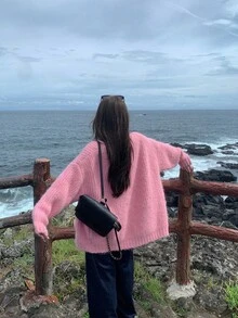 DAZY Women's Solid Color V-Neck Casual Long Sleeve Cardigan, Autumn/Winter School - Pink - View 14
