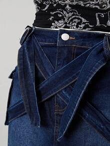 Sunspun Plus Size Women Cowgirl, Elastic Backpack Buckle Strap Sexy Mini Denim Skirt, Autumn - Dark Wash - View 5