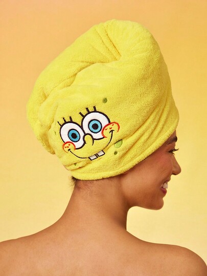 SpongeBob SquarePants | SHEIN 1 pieza Gorro de secado de cabello súper absorbente con bordado de dibujos animados lindos, adecuado para todo tipo y volumen de cabello, de secado rápido