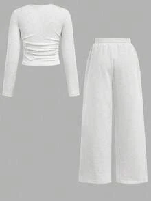 SHEIN Bộ đồ liền thân 2 món gồm áo len dài tay màu xám trơn đơn giản và quần dài cho bé gái tuổi teen, Bộ đồ liền thân thoải mái, tay dài, phù hợp mặc thường ngày vào mùa thu đông - Màu Xám nhạt - Xem 3