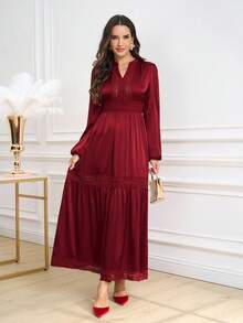 Ellevyn Women's Elegant Burgundy Long Sleeve Lace Patchwork Dress - Burgundy - View 8