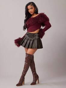 Radiana Casual Versatile Pleated Mini Skirt For Women Belt Skirt Leather Skirts Burgundy Skirt Brown Skirts,ملابس شتوية للنساء - Coffee Brown - View 6