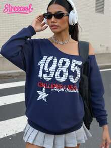 SHEIN Explorewe Streecool Teen Girls Navy Blue Sweatshirt,Autumn Streetwear Back-To-School Holiday,American Campus Style Oblique Shoulder Number Graphic Long Sleeve - Royal Blue - View 3