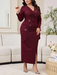 Modelyn 大码女式 V 领荷叶边长袖侧开衩下摆修身优雅闪光中长连衣裙 - 酒紅色 - 查看 5