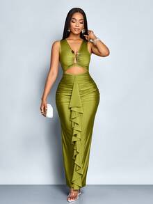 SOLERSUN Vestido ajustado de mujer con cuello en V de unicolor, decorado con metal, cintura fruncida con volantes y abertura - Verde - Ver 5