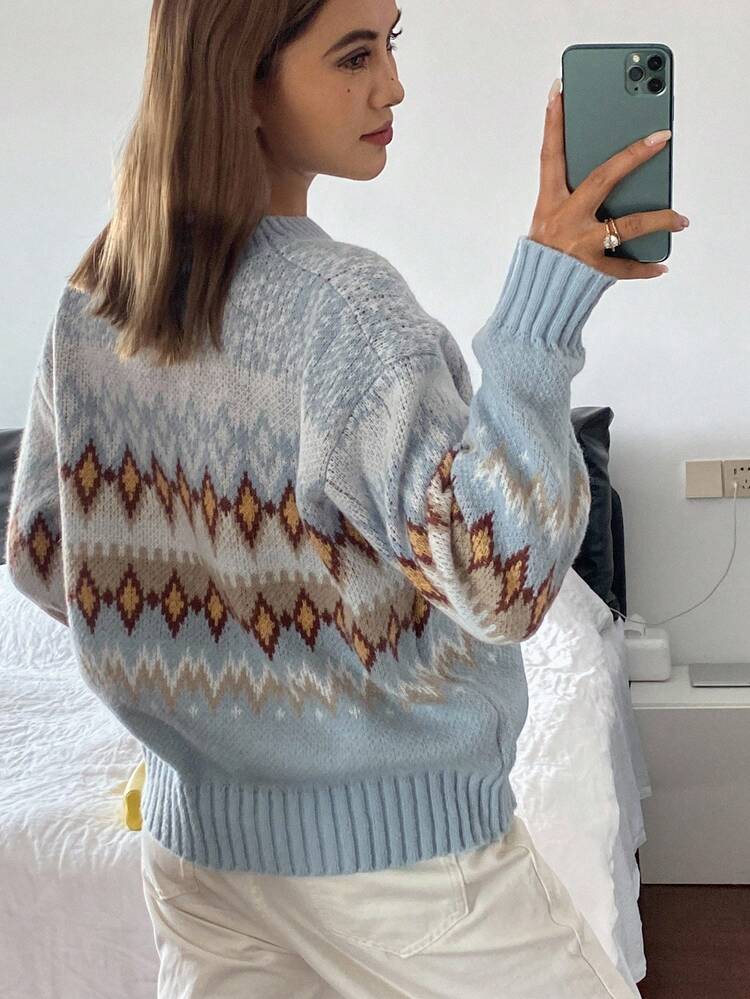 Vintage Fair Isle Pattern Jacquard Loose Fit Crew Neck Casual Street Style Sweater For Women, Autumn/Winter Christmas,New Year
