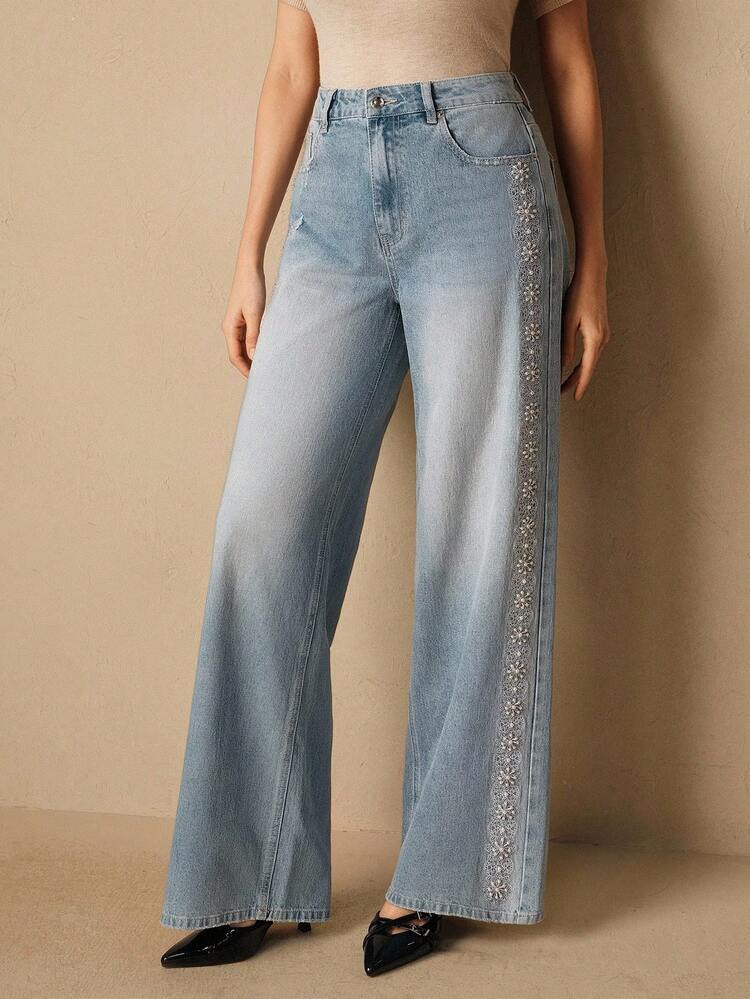 Washed Blue Lace Patchwork Wide Leg Pants, Suitable For Autumn, Fall, Winter, Going Out, Elegant, Formal, Party, Chic, New Year, Women's Winter Dress, Christmas, Work, Graduation, Wedding, Women's Winter Clothes