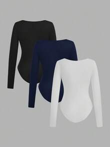 SHEIN EZwear 3pcs Women Square Neck Long Sleeve Tight Fit Bodysuit Set, Black, Navy Blue, White, Suitable For Autumn/Winter,Fall,Black Bodysuit - Multicolor - View 2
