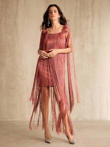 Anewsta 女士优雅婚礼宾客派对玫瑰粉色绷带方领长袖流苏拼接短裙，秋冬、新年、派对、婚礼、优雅、别致、时尚、晚礼服 - 藕粉色 - 查看 4