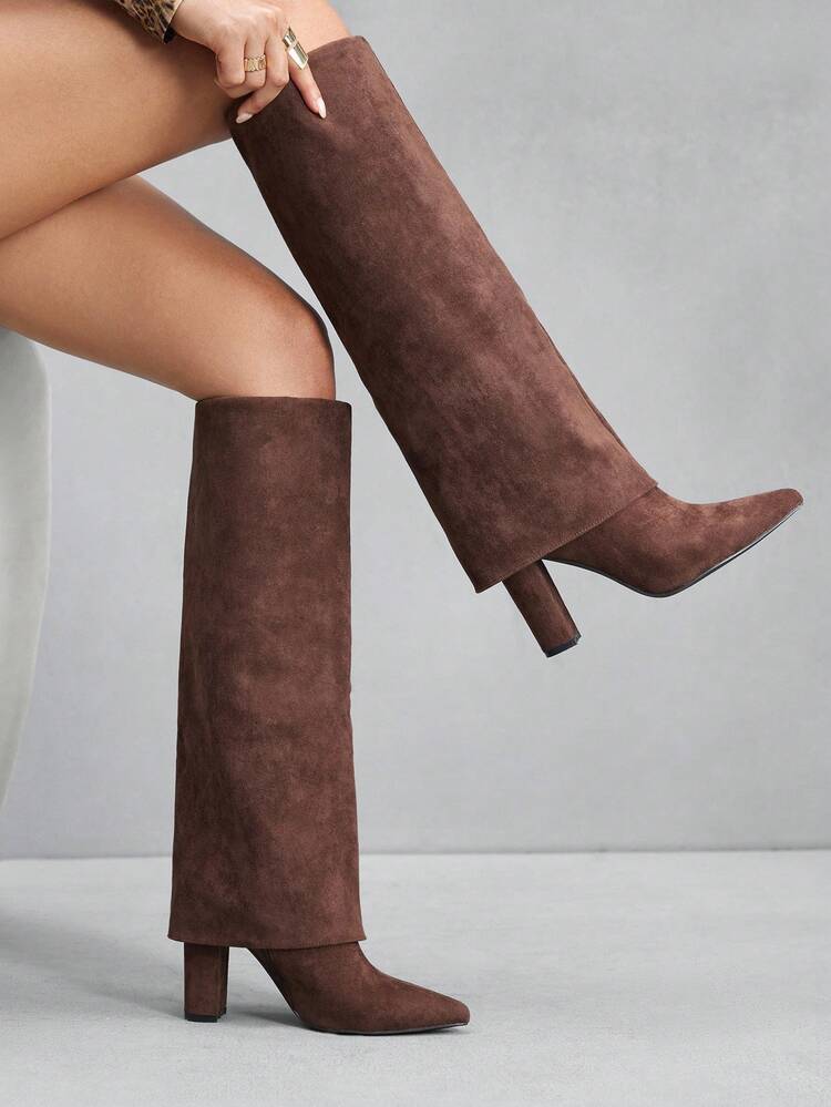 CUCCOO SZL Botas de tacón alto grueso con punta afilada para mujer, material de PU marrón, diseño de capas, minimalista de moda para uso diario, fiesta, evento, con cremallera lateral