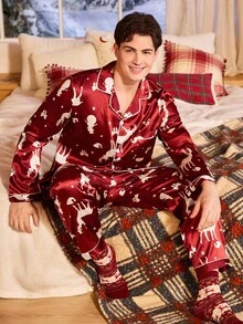 Manfinity 圣诞情侣图案印花仿丝绸睡衣套装，男士秋冬情侣睡衣套装，圣诞情侣睡衣 - 酒紅色 - 查看 5
