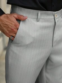 Manfinity Bizformal 男士条纹休闲工装斜口袋修身西装裤，男士裤子，男士西装裤，老钱风格 - 灰色 - 查看 2
