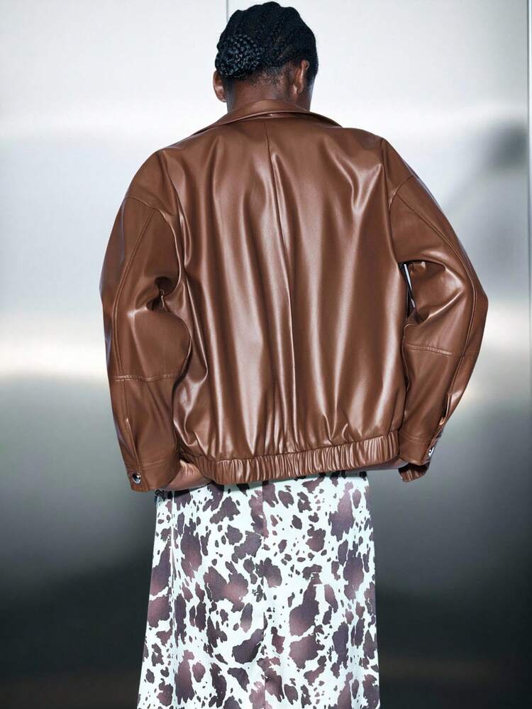 SHEIN Maija Plus Size Women Solid Color PU Leather Zip-Up Casual Loose Jacket Brown Leather Jacket In Fall/Winter