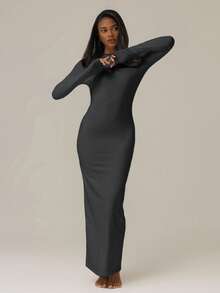 MUSERA ESSENTIALS Buttery Soft Long Sleeve Fitted Midaxi Dress Basic Spring Summer Cute Casual Vacation, Dress For Women Ibiza Beach Holiday Fall Night Out Wedding Guest, Elegant, Birthday, Night Out, Date Night Casual Dress  New Year  Party - Dark Grey - View 4