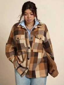 Zelara 大码休闲复古格子棕色西部风秋季外套，返校季西部服饰，女士街头风复古棕色格子纽扣外套，秋冬办公生日时尚冬季商务万圣节圣诞节秋季派对 - 彩色 - 查看 7