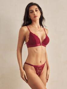 Charlaine Women's Elegant Sexy Solid Color Lace Lingerie Set Red Bra And Panty Set Burgundy Lingerie Set - Burgundy - View 6
