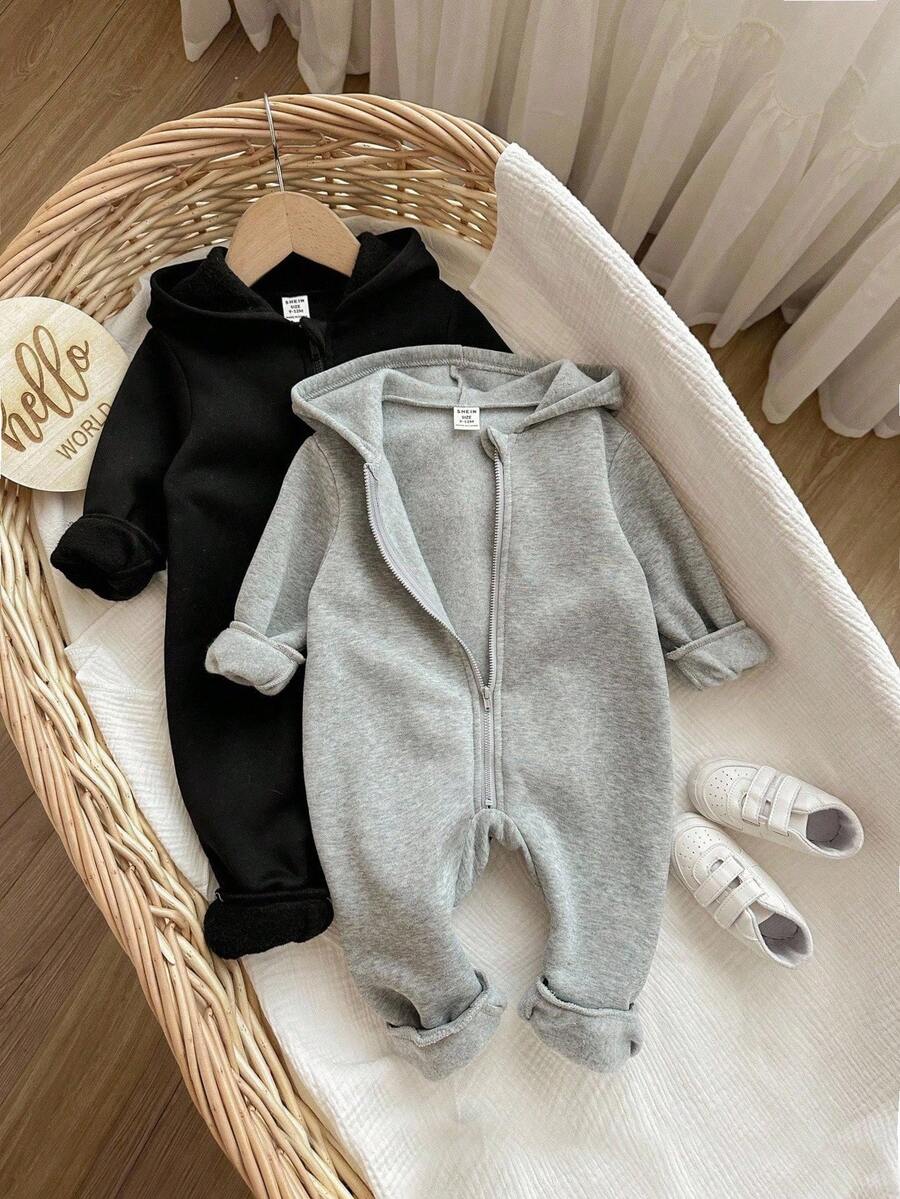 SHEIN 2件套女婴可爱纯色连帽连体衣,秋冬 - 灰色 - 查看 1