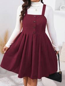 EMERY ROSE Đầm xòe xếp ly màu trơn thiết kế nút đơn giản cho nữ cỡ lớn, mùa thu - Màu Đỏ Sâu - Xem 4