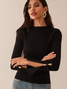 Lilora Long Sleeve Slit Metal Decor Bodycon Sweater In Fall/Winter - Black - View 8