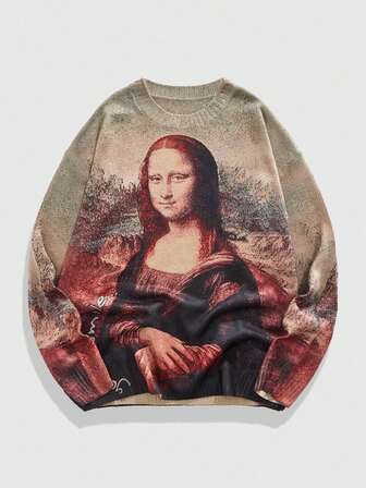 Street Life Maglione girocollo lavorato a maglia con motivo Monna Lisa, casual di moda da uomo, autunno inverno