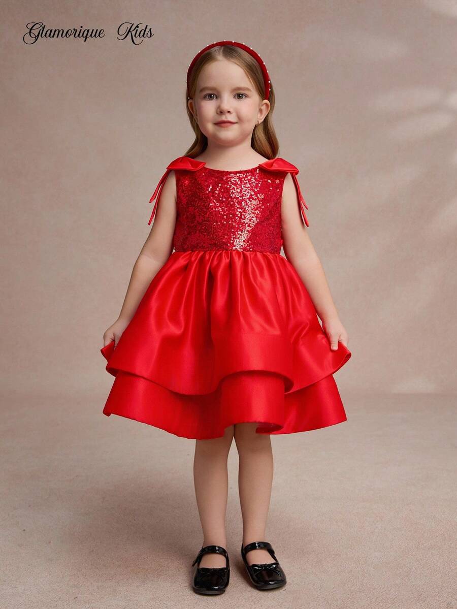 Glamorique Kids 万圣节服装女孩正式庆典生日派对礼服,无袖亮片肩蝴蝶结薄纱公主裙,特殊场合礼服 - 紅色 - 查看 1