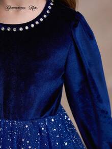 Glamorique Kids Robe pour jeunes filles, robe de mariage, robe en velours, vêtements de Noël, robe d'anniversaire, robes d'hiver - bleu indigo - Voir 6
