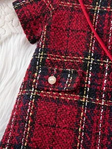 SHEIN 女婴可爱优雅粗花呢格子连衣裙 - 紅色 - 查看 6