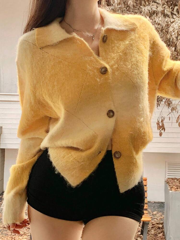 Women's Loose Casual Elegant Tie-Dye Tie Dye Hollow Out Colorblock Cream Yellow Knit Cardigan, Autumn/Winter
