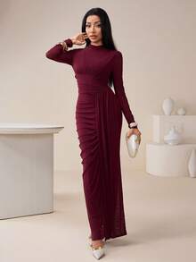 Veilorie Women's Solid Color Stand Collar Long Sleeve Pleated Fitted Elegant Mesh Arabic Dress Burgundy - Burgundy - View 5
