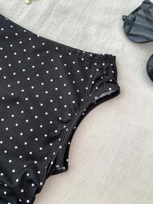 Teen Girls' Black Knit Casual Minimalist Polka Dot Print Asymmetric Ruched Cropped Top, Suitable For Spring/Summer, Casual, Personalized Styling, Daily Wear One Shoulder Crop Top Polka Dot Crop Top Black Crop Top Cute Tube Top Polka Dot Top Black Tube Top Cute Tube Tops Cute Crop Top - Black - View 3