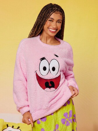 SpongeBob SquarePants | SHEIN 女士冬季卡通刺绣落肩泰迪上衣和裤子睡衣套装，秋装