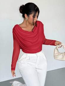 Firerie Plus Size Women Elegant Red Autumn Party Blouse, Plunging Neck Long Sleeve Mesh Sheer Fitted T-Shirt,Off Shoulder Boat Neck Draped Top For Wedding - Red - View 6