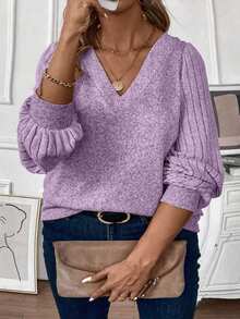 EMERY ROSE Plus Size Women Casual V-Neck T-Shirt, Autumn/Winter - Purple - View 3